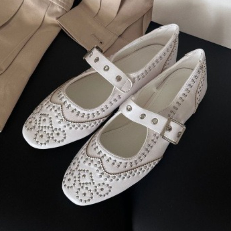 Women Shoes Brand - 레트로 리벳 버클 디자인 플랫 여성
