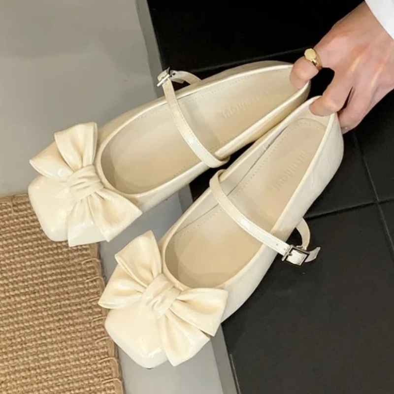 Women Shoes Brand - 귀여운 리본 스퀘어 토 디자인 골드