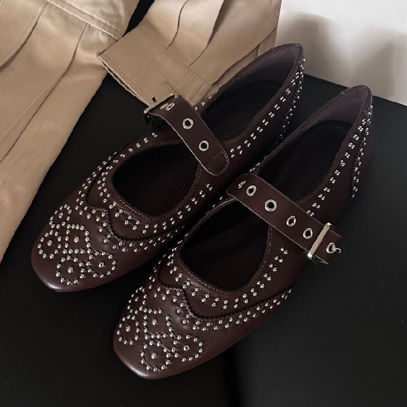 레트로 리벳 버클 디자인 플랫 여성 라운드 발가락 얕은 - Women Shoes Brand 리뷰 및 가격