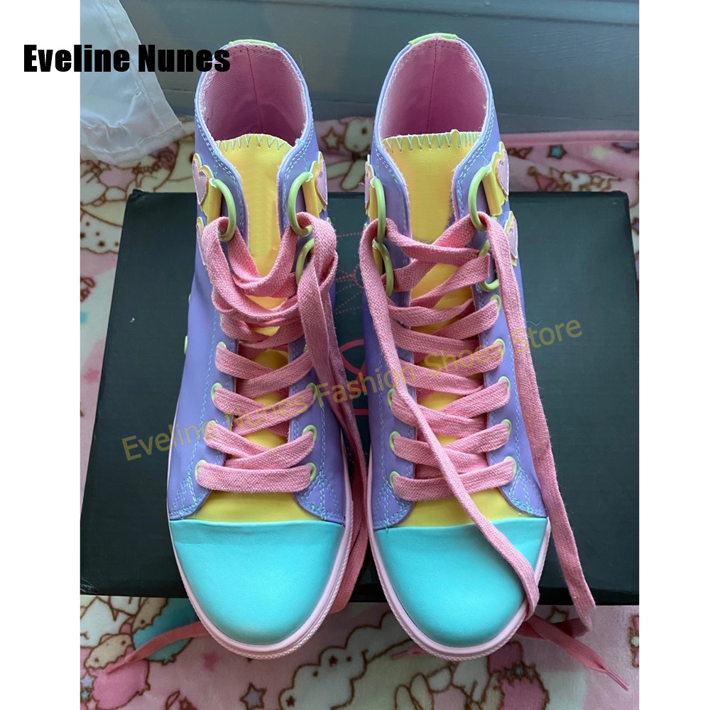 Y2K 걸 스윗 하이탑 스니커즈 컬러 블록 하트 아플리 - Women'S Shoes Round Toe 리뷰 및 가격