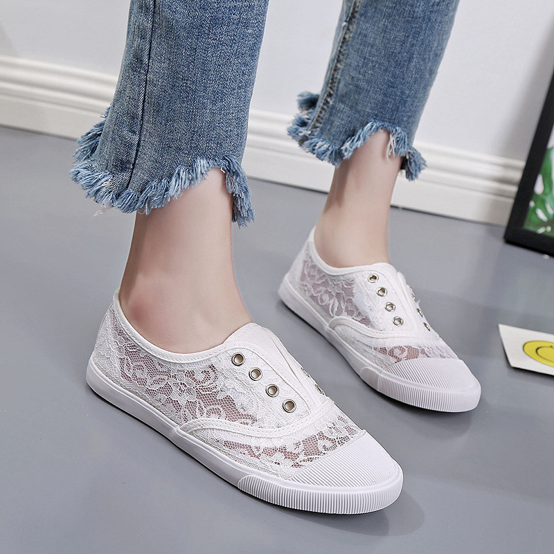 패션 레이스 화이트 캔버스 신발 여성 여름 플랫 속이  - Loafer Flat Women 리뷰 및 가격