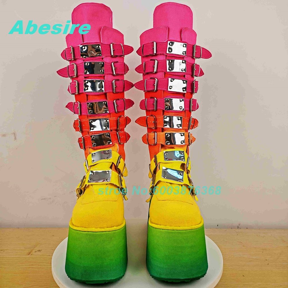 혼합 색상 패치워크 멀티 버클 니하이 부츠 라운드 토  - Women'S Shoes Y2K 리뷰 및 가격