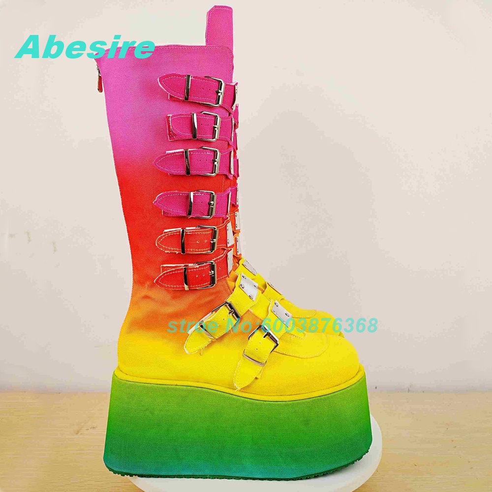 혼합 색상 패치워크 멀티 버클 니하이 부츠 라운드 토  - Women'S Shoes Y2K 리뷰 및 가격