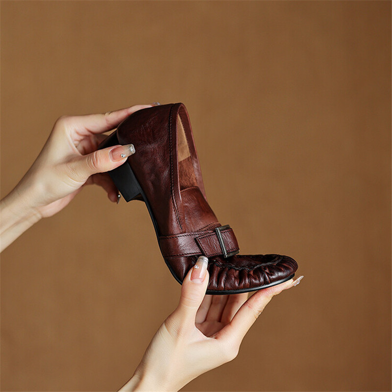 여성용 정품 가죽 펌프스, 여성용 주름진 라운드 토 슈 - Women'S Shoes Round Toe 리뷰 및 가격